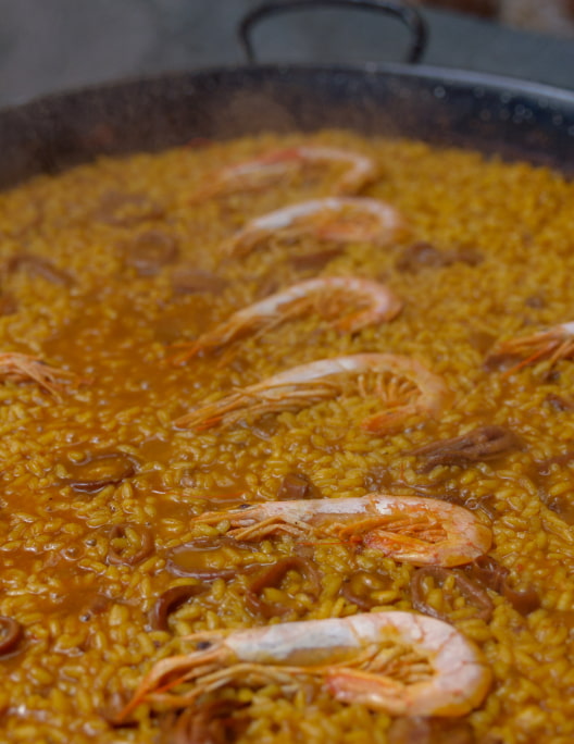 Gastronomy Close-up of a paella with prawns