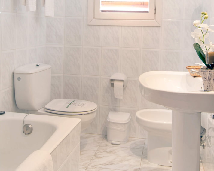 Single Room_Bathroom Traditional-style bathroom with bathtub and bidet.