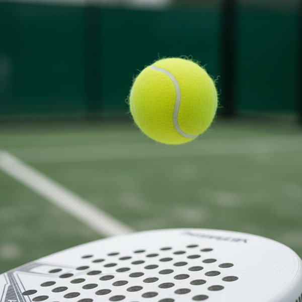 Paddle Tennis Court Detail of a paddle tennis racket and ball